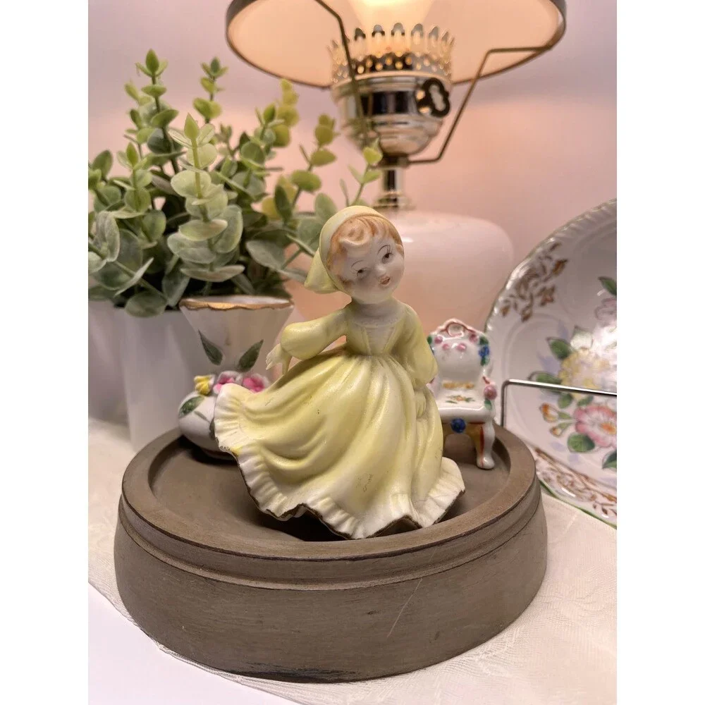 Vintage Girl Figurine in Flowing Yellow Dress and Bonnet, E3305, Mid Century-VG
